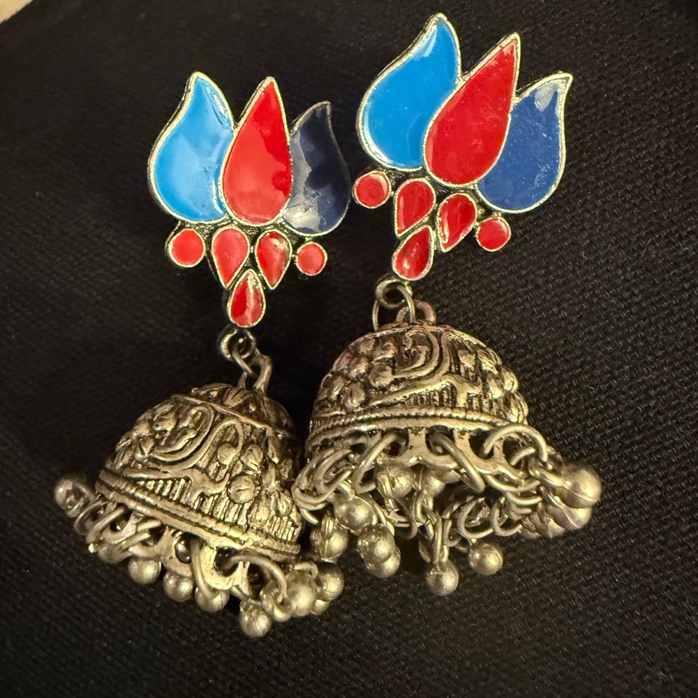 Elegant Red and Blue Jhumka Earrings